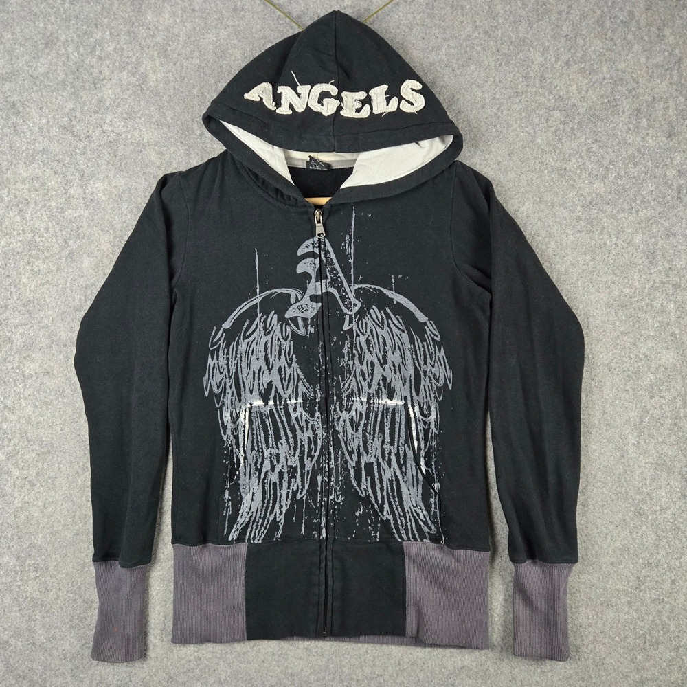 Vanity Angels Zip Up Hoodie Womens Small Black Wing Graphic Y2K Mall Goth Emo